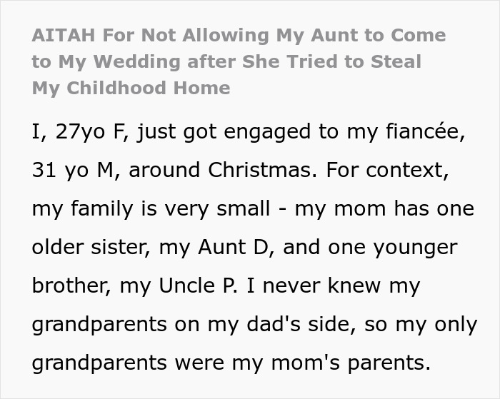 Woman Bans Aunt Who Secretly Changed Grandpa’s Will From Her Wedding, Grandma Calls Her Unforgiving Woman Bans Aunt Who Secretly Changed Grandpa’s Will From Her Wedding, Grandma Calls Her Unforgiving