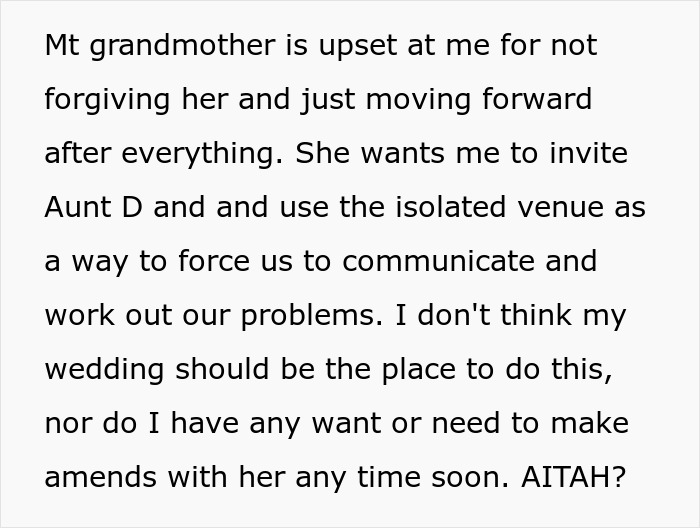 Woman Bans Aunt Who Secretly Changed Grandpa’s Will From Her Wedding, Grandma Calls Her Unforgiving Woman Bans Aunt Who Secretly Changed Grandpa’s Will From Her Wedding, Grandma Calls Her Unforgiving