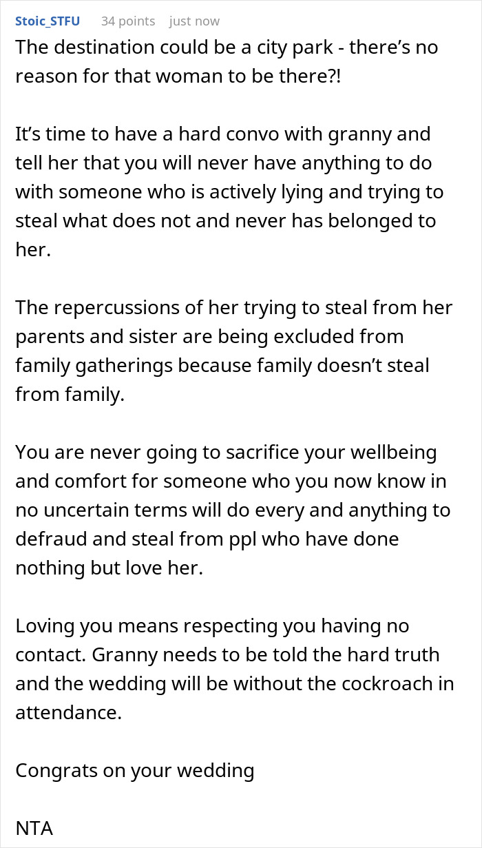 Woman Bans Aunt Who Secretly Changed Grandpa’s Will From Her Wedding, Grandma Calls Her Unforgiving Woman Bans Aunt Who Secretly Changed Grandpa’s Will From Her Wedding, Grandma Calls Her Unforgiving