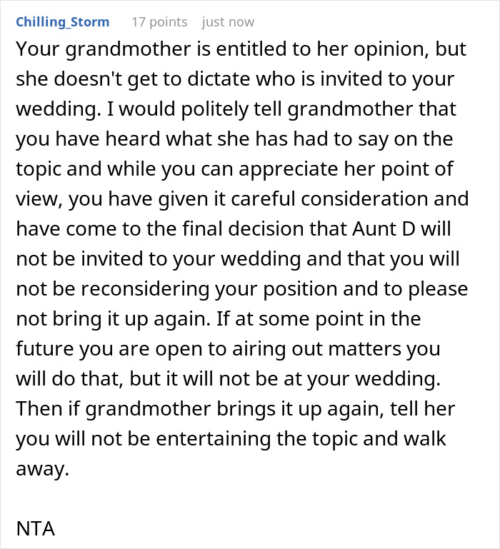 Woman Bans Aunt Who Secretly Changed Grandpa’s Will From Her Wedding, Grandma Calls Her Unforgiving Woman Bans Aunt Who Secretly Changed Grandpa’s Will From Her Wedding, Grandma Calls Her Unforgiving