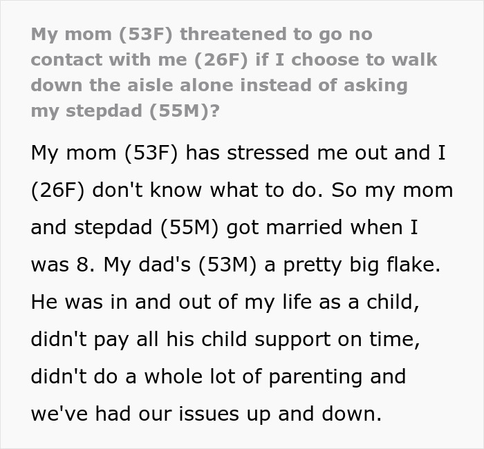 Bride Says Neither Her Dad Nor Stepdad Should Walk Her Down The Aisle, Mom Calls It Disrespectful Bride Says Neither Her Dad Nor Stepdad Should Walk Her Down The Aisle, Mom Calls It Disrespectful