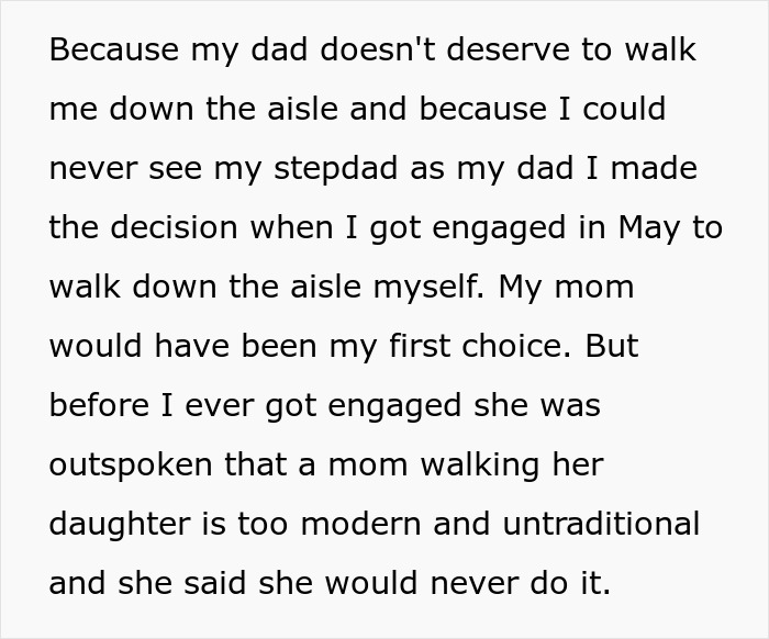 Bride Says Neither Her Dad Nor Stepdad Should Walk Her Down The Aisle, Mom Calls It Disrespectful Bride Says Neither Her Dad Nor Stepdad Should Walk Her Down The Aisle, Mom Calls It Disrespectful