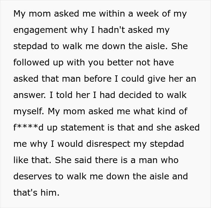Bride Says Neither Her Dad Nor Stepdad Should Walk Her Down The Aisle, Mom Calls It Disrespectful Bride Says Neither Her Dad Nor Stepdad Should Walk Her Down The Aisle, Mom Calls It Disrespectful