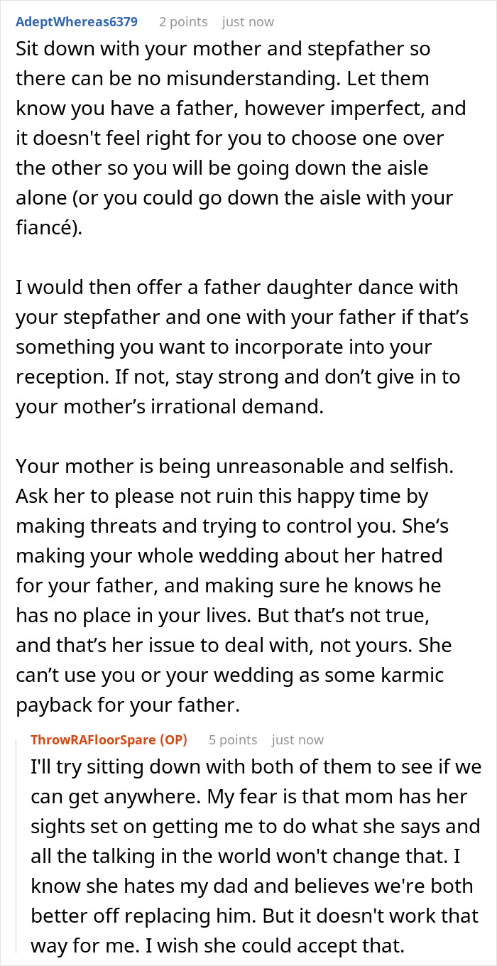 Bride Says Neither Her Dad Nor Stepdad Should Walk Her Down The Aisle, Mom Calls It Disrespectful Bride Says Neither Her Dad Nor Stepdad Should Walk Her Down The Aisle, Mom Calls It Disrespectful