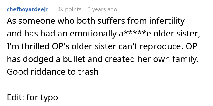 Woman Admits She’s Happy Toxic Sis Is Infertile, Says She Would Damage The Kid Like She Did With Her Woman Admits She’s Happy Toxic Sis Is Infertile, Says She Would Damage The Kid Like She Did With Her