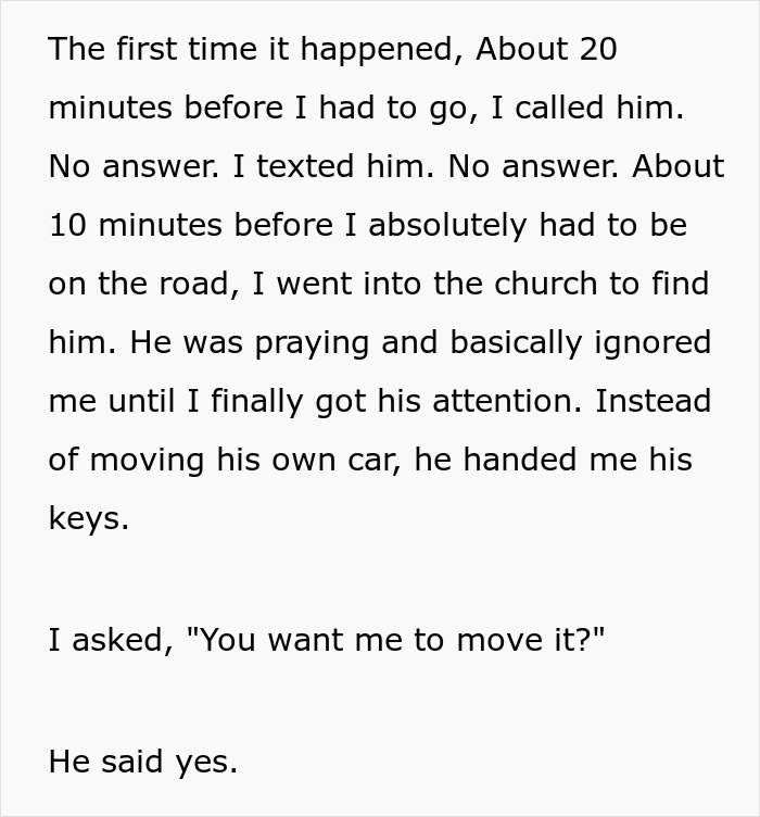 Churchgoer’s Longtime Parking Habit Backfires When Driver Refuses To Clear The Way For His Car Churchgoer’s Longtime Parking Habit Backfires When Driver Refuses To Clear The Way For His Car