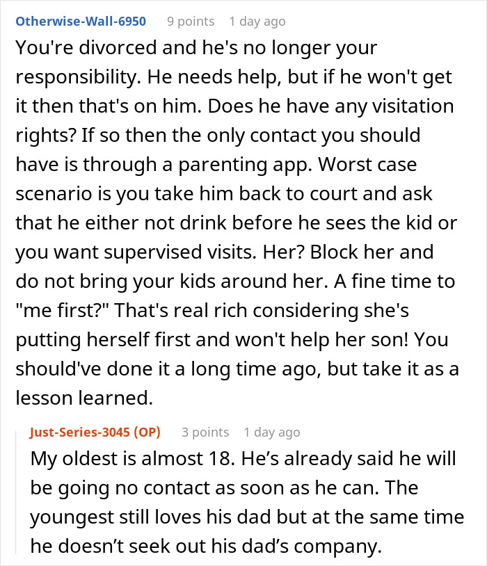 Entitled MIL Refuses To Take In Her Drunk Son, Blames His Ex-Wife For Finally Quitting The Role Entitled MIL Refuses To Take In Her Drunk Son, Blames His Ex-Wife For Finally Quitting The Role