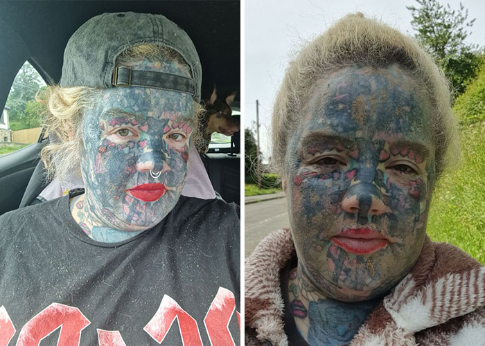 Mom With 800 Tattoos Reveals Her Face Without The “Extreme” Look, But Her Family And Even Her Dog Weren’t Prepared Mom With 800 Tattoos Reveals Her Face Without The “Extreme” Look, But Her Family And Even Her Dog Weren’t Prepared