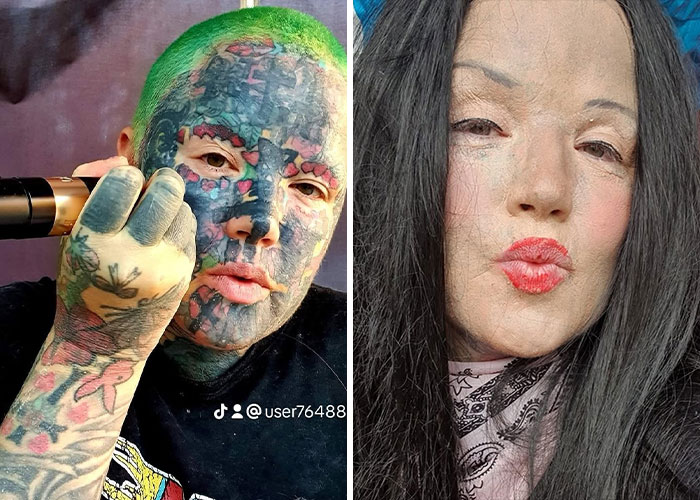 Mom With 800 Tattoos Reveals Her Face Without The “Extreme” Look, But Her Family And Even Her Dog Weren’t Prepared Mom With 800 Tattoos Reveals Her Face Without The “Extreme” Look, But Her Family And Even Her Dog Weren’t Prepared