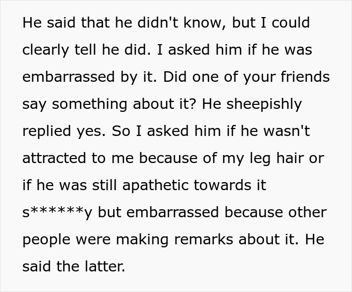 Woman Loses Rose-Tinted Glasses For BF After He Mocks Her Leg Hair Due To His Friends’ Comments Woman Loses Rose-Tinted Glasses For BF After He Mocks Her Leg Hair Due To His Friends’ Comments