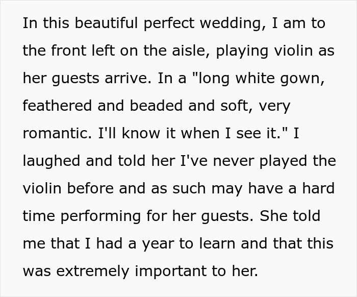 Bride Expects Former Classmate To Learn Violin For Her Wedding, Is Shocked When She Laughs Her Off Bride Expects Former Classmate To Learn Violin For Her Wedding, Is Shocked When She Laughs Her Off