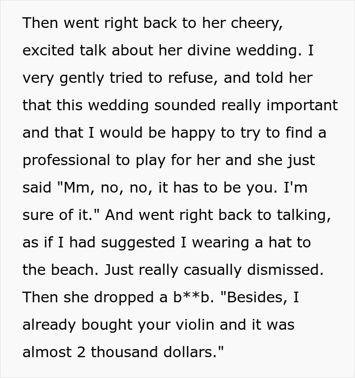 Bride Expects Former Classmate To Learn Violin For Her Wedding, Is Shocked When She Laughs Her Off Bride Expects Former Classmate To Learn Violin For Her Wedding, Is Shocked When She Laughs Her Off