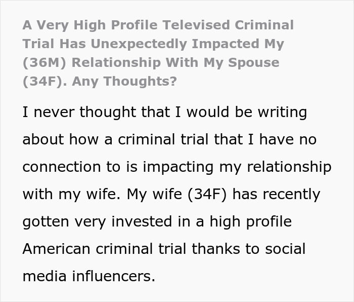 Wife Becomes Obsessed With Criminal Trial, Gets Mad When Hubby Refuses To Agree With Her Theory Wife Becomes Obsessed With Criminal Trial, Gets Mad When Hubby Refuses To Agree With Her Theory