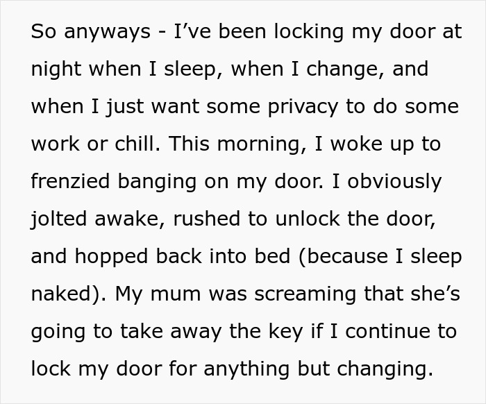 Controlling Mom Walks In On Her 22YO Daughter Whenever She Likes, Forbids Her From Locking The Door Controlling Mom Walks In On Her 22YO Daughter Whenever She Likes, Forbids Her From Locking The Door