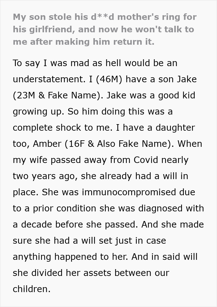 Son Steals A Family Heirloom To Propose, And Then Accuses His Dad Of Ruining His Life Son Steals A Family Heirloom To Propose, And Then Accuses His Dad Of Ruining His Life