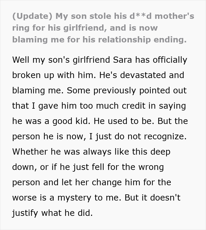 Son Steals A Family Heirloom To Propose, And Then Accuses His Dad Of Ruining His Life Son Steals A Family Heirloom To Propose, And Then Accuses His Dad Of Ruining His Life