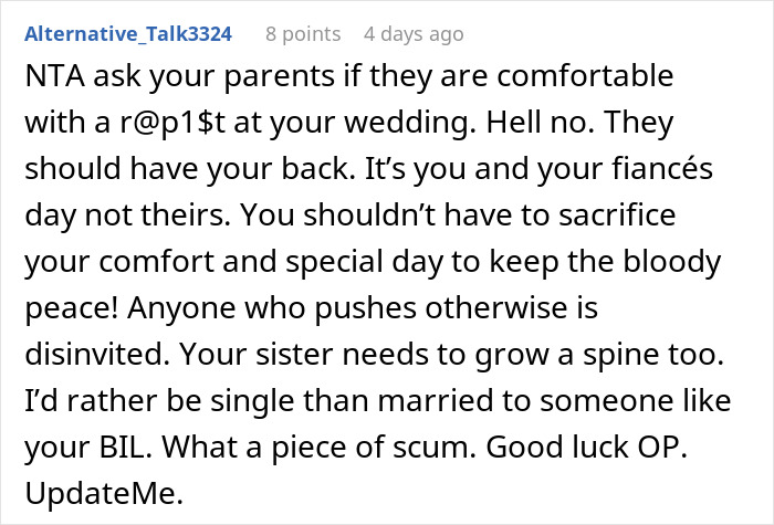 Woman Draws The Line At Her Wedding After Her Family Spends Years Protecting Her Toxic BIL Woman Draws The Line At Her Wedding After Her Family Spends Years Protecting Her Toxic BIL