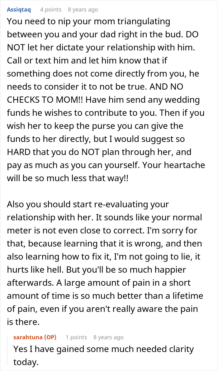 Mom Tries To Score A Free Wedding On Daughter’s Big Day, Gets Shut Down Fast By Furious Bride-To-Be Mom Tries To Score A Free Wedding On Daughter’s Big Day, Gets Shut Down Fast By Furious Bride-To-Be