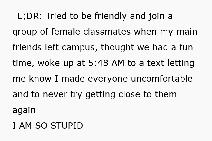 Guy Joins Group Of Female Classmates To Socialize, Discovers They Felt Intruded On By His Presence Guy Joins Group Of Female Classmates To Socialize, Discovers They Felt Intruded On By His Presence