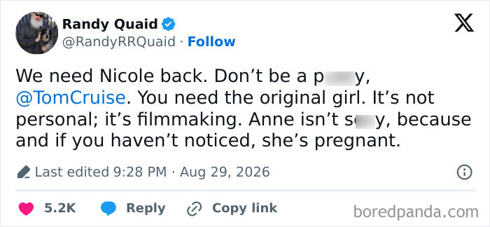 Bizarre Rant From ‘Days Of Thunder’ Star Urges Tom Cruise To Go Full MAGA In Sequel, Calls For Ex Nicole Kidman’s Return Bizarre Rant From ‘Days Of Thunder’ Star Urges Tom Cruise To Go Full MAGA In Sequel, Calls For Ex Nicole Kidman’s Return