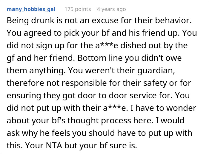 GF Says No To Driving Home Two Drunk Women Who Insulted Her, BF Thinks She’s Mean GF Says No To Driving Home Two Drunk Women Who Insulted Her, BF Thinks She’s Mean