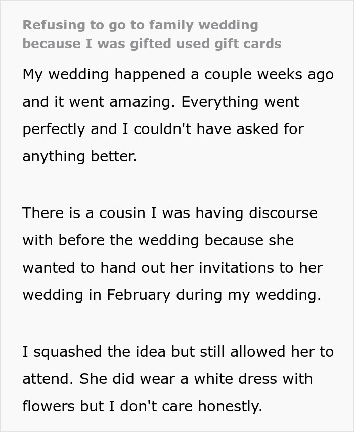 Cousin Causes Wedding Drama Then Sends Used Gift Cards, Bride Regifts It Back To Her Cousin Causes Wedding Drama Then Sends Used Gift Cards, Bride Regifts It Back To Her
