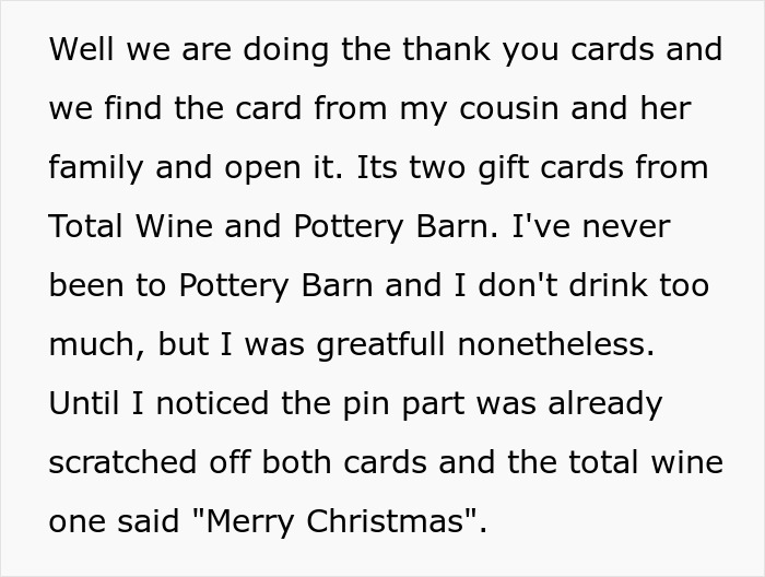 Cousin Causes Wedding Drama Then Sends Used Gift Cards, Bride Regifts It Back To Her Cousin Causes Wedding Drama Then Sends Used Gift Cards, Bride Regifts It Back To Her