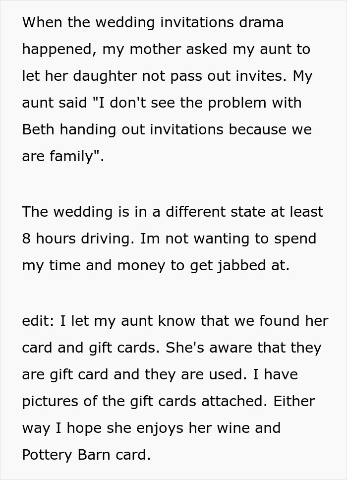 Cousin Causes Wedding Drama Then Sends Used Gift Cards, Bride Regifts It Back To Her Cousin Causes Wedding Drama Then Sends Used Gift Cards, Bride Regifts It Back To Her