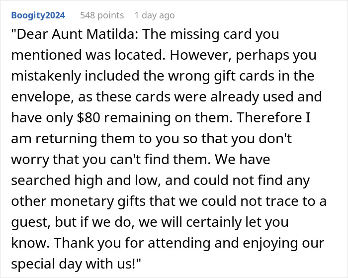 Cousin Causes Wedding Drama Then Sends Used Gift Cards, Bride Regifts It Back To Her Cousin Causes Wedding Drama Then Sends Used Gift Cards, Bride Regifts It Back To Her