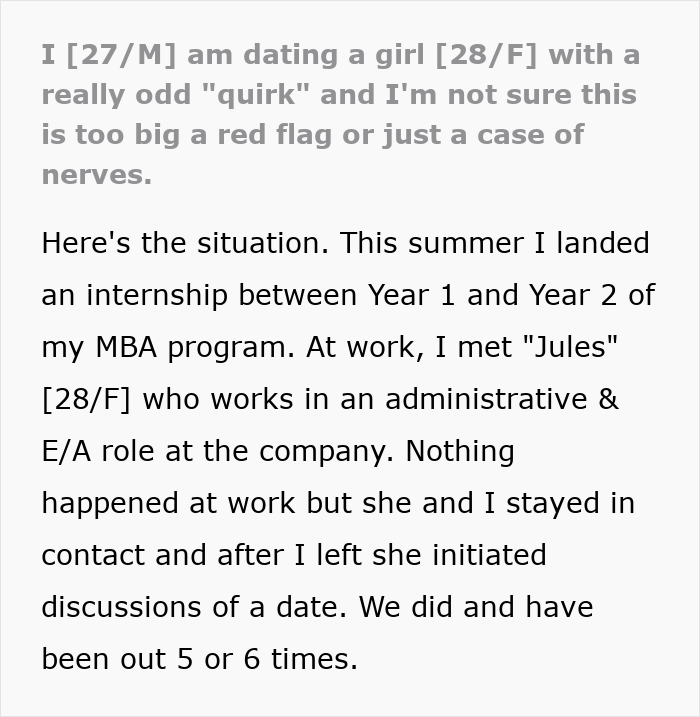 Guy Shares His Girlfriend’s Weird Quirk, Doesn’t Know If He Can Get Over It Guy Shares His Girlfriend’s Weird Quirk, Doesn’t Know If He Can Get Over It
