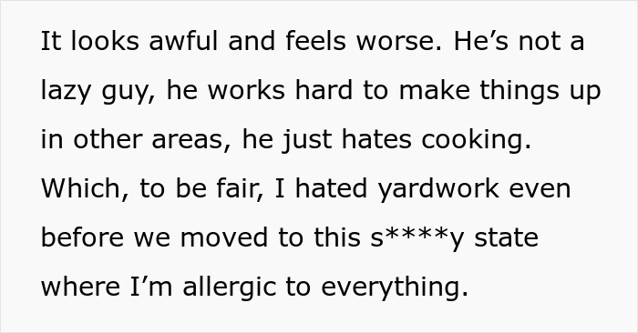 Woman&rsquo;s Husband Pressures Her To Rake Despite Her Allergy, Then She Refuses To Cook For Him