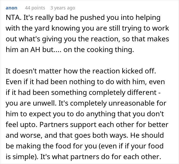 Woman&rsquo;s Husband Pressures Her To Rake Despite Her Allergy, Then She Refuses To Cook For Him
