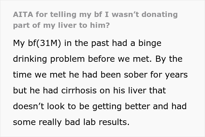 Guy Expects GF Of 8 Months To Donate Part Of Her Liver, Jokes He’ll Marry Her Just To Get The Organ Guy Expects GF Of 8 Months To Donate Part Of Her Liver, Jokes He’ll Marry Her Just To Get The Organ