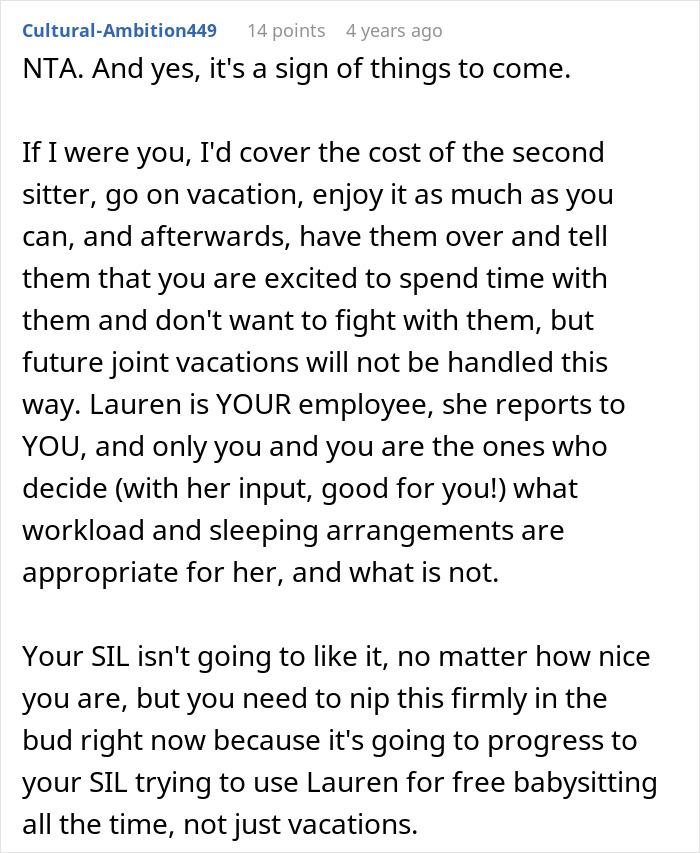 Woman Brings A Nanny On Vacation So She Can Relax, SIL Sees Free Childcare And Starts Making Plans Woman Brings A Nanny On Vacation So She Can Relax, SIL Sees Free Childcare And Starts Making Plans