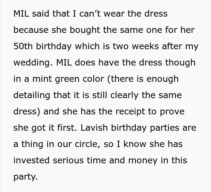 Bride Won’t Change Wedding Dress After MIL Says She Got It First, Groom Gets Caught In The Middle Bride Won’t Change Wedding Dress After MIL Says She Got It First, Groom Gets Caught In The Middle