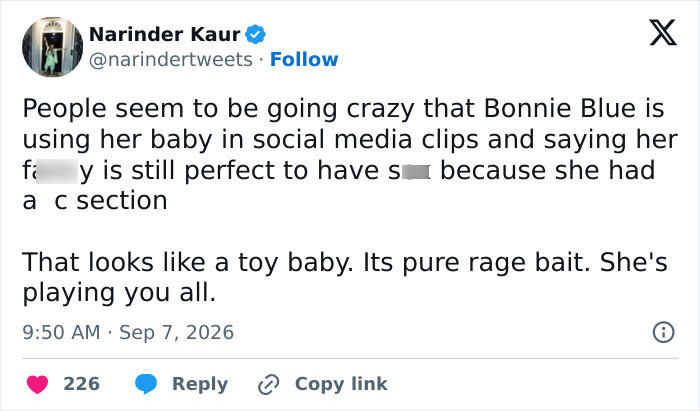 Bonnie Blue Hit With Serious Consequences After Backlash Over “Deeply Disturbing” Posts Involving Her Baby