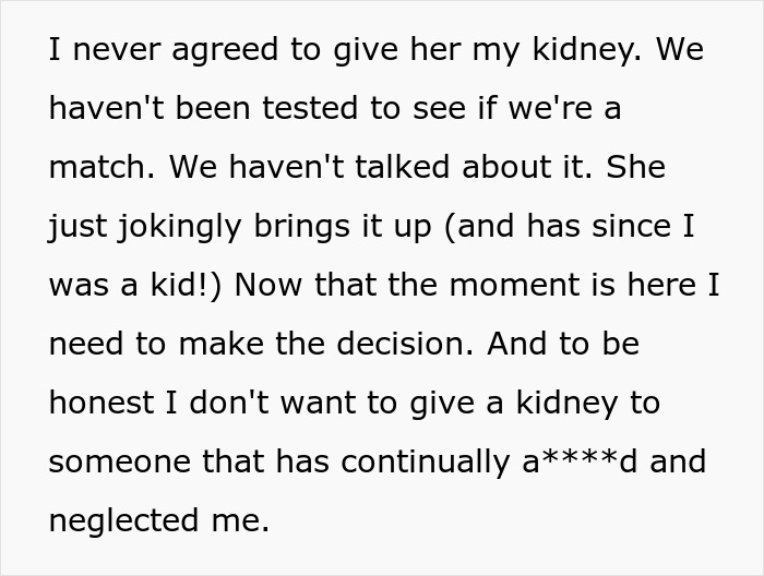 Toxic Mom Neglects Her Health For Years As She Assumes She&rsquo;ll Get A Shiny New Kidney From Her Daughter
