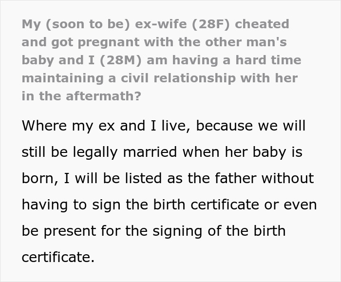 Guy Left Worried His Ex-Wife Will Force Her Affair Baby On Him