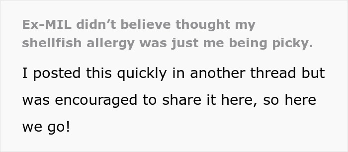 Ex-MIL Lies About Fish Dish As She Feels DIL With Allergy Is Just Being Picky, Leads To ER Visit Ex-MIL Lies About Fish Dish As She Feels DIL With Allergy Is Just Being Picky, Leads To ER Visit