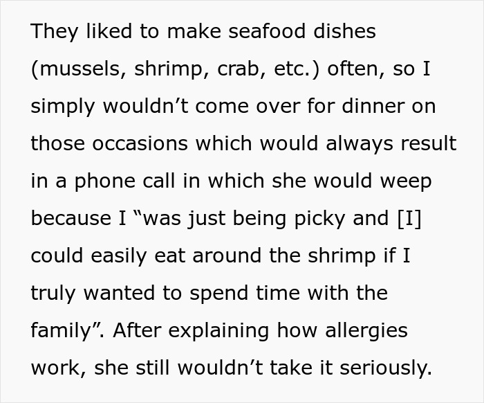 Ex-MIL Lies About Fish Dish As She Feels DIL With Allergy Is Just Being Picky, Leads To ER Visit Ex-MIL Lies About Fish Dish As She Feels DIL With Allergy Is Just Being Picky, Leads To ER Visit