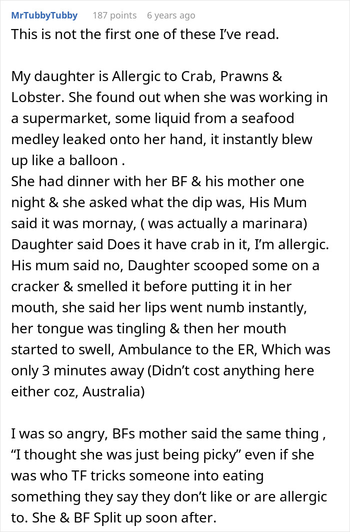 Ex-MIL Lies About Fish Dish As She Feels DIL With Allergy Is Just Being Picky, Leads To ER Visit Ex-MIL Lies About Fish Dish As She Feels DIL With Allergy Is Just Being Picky, Leads To ER Visit