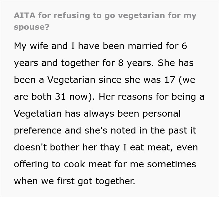 Woman’s Unreasonable Expectation For Her Marriage Surfaces After Spouse Refuses Vegetarian Diet Woman’s Unreasonable Expectation For Her Marriage Surfaces After Spouse Refuses Vegetarian Diet