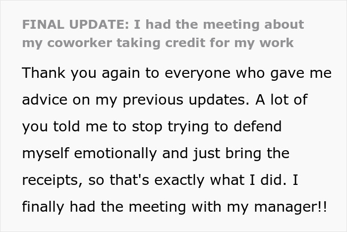 Man Steals Credit From Colleague, But One Meeting With Manager Exposes What Really Happened Man Steals Credit From Colleague, But One Meeting With Manager Exposes What Really Happened