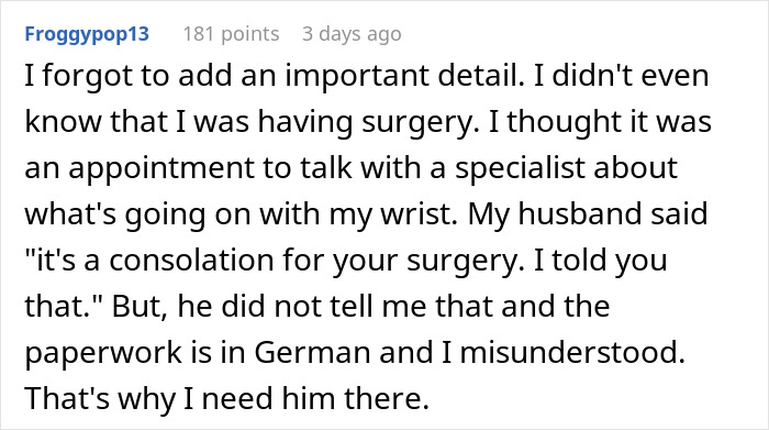 Wife Asks Husband To Take A Day Off Work For Her Surgery, He Refuses, Saying It’s Not An Emergency