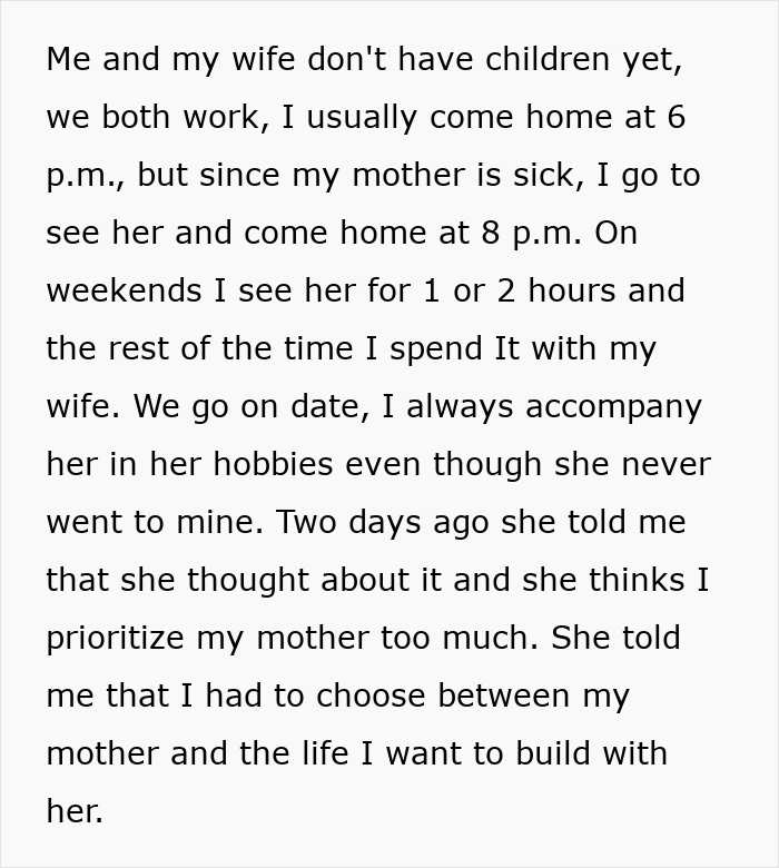 Wife Wants To Come Before Hubby’s Sick Mom, Her Ultimatum Makes Him Question The Entire Marriage Wife Wants To Come Before Hubby’s Sick Mom, Her Ultimatum Makes Him Question The Entire Marriage
