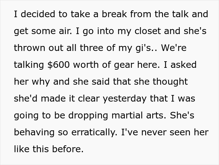 Woman Spends 5 Years Supporting Fiancé’s Martial Arts, Suddenly Demands He Quit And Trashes His Gear Woman Spends 5 Years Supporting Fiancé’s Martial Arts, Suddenly Demands He Quit And Trashes His Gear
