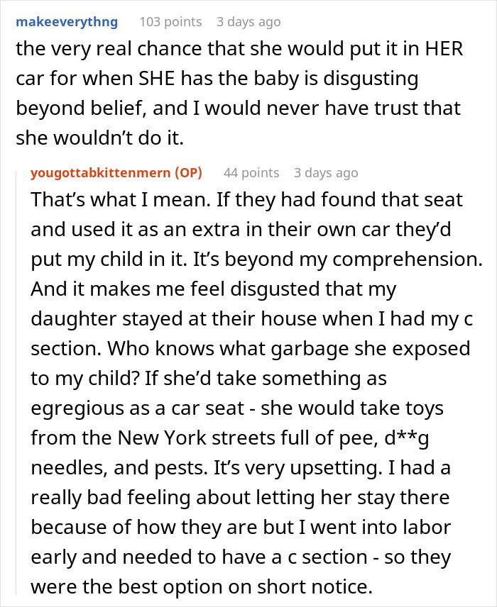 Mom Learns In-Laws Dug Her Baby’s Car Seat Out Of NYC Garbage, Decides Their Judgment Belongs There Too Mom Learns In-Laws Dug Her Baby’s Car Seat Out Of NYC Garbage, Decides Their Judgment Belongs There Too