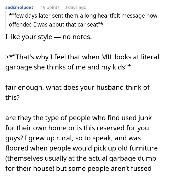 Mom Learns In-Laws Dug Her Baby’s Car Seat Out Of NYC Garbage, Decides Their Judgment Belongs There Too Mom Learns In-Laws Dug Her Baby’s Car Seat Out Of NYC Garbage, Decides Their Judgment Belongs There Too