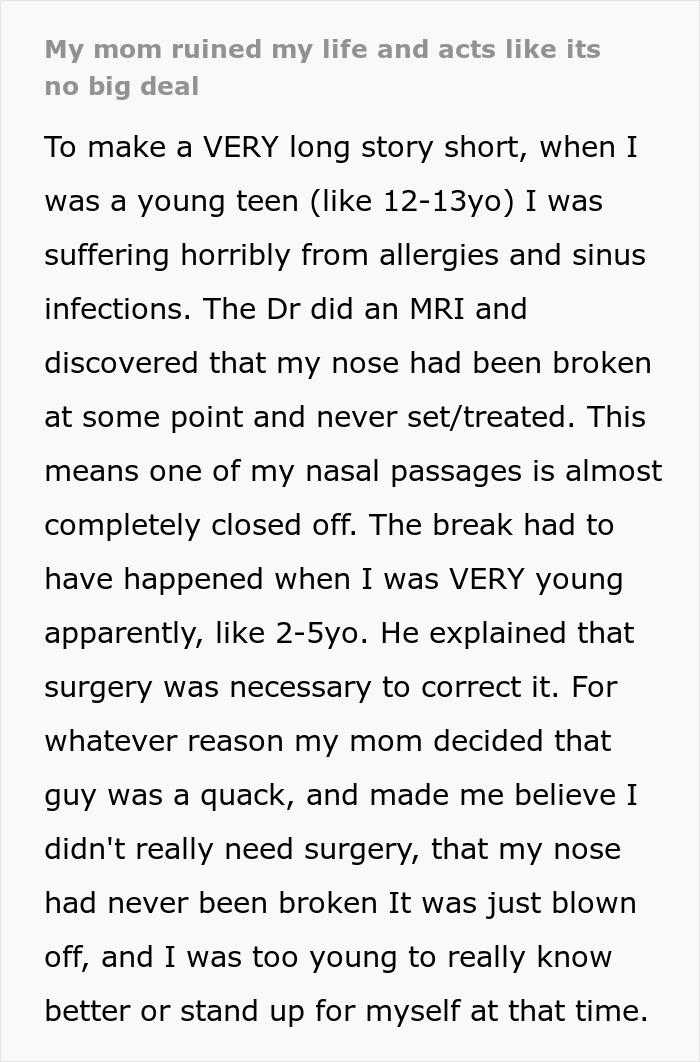 Daughter Can’t Breathe, Smell, Or Forgive After Mom Hid Her Childhood Injury For Years Daughter Can’t Breathe, Smell, Or Forgive After Mom Hid Her Childhood Injury For Years