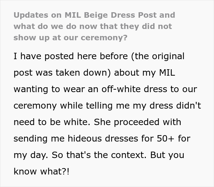 Bride Is Told She “Doesn’t Need” A White Dress, Then Sees What Her MIL Plans To Wear To The Ceremony